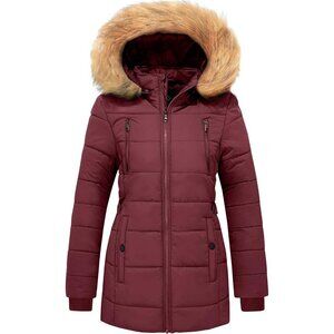 Women's Thicken Wine Red Quilted Puffer Jacket Coat Winter Warm Removable Hood